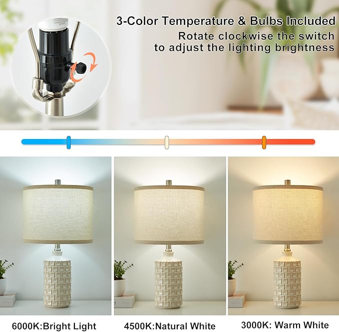 Luvkczc Vintage Farmhouse Table Lamp Set of 2, Grid Nightstand Lamp with Eye-Protecting Fabric Shade, 3-Color Temperature&2 Bulbs - Rustic Table Lamp Lamps for Living Room Bedroom Decor (21")