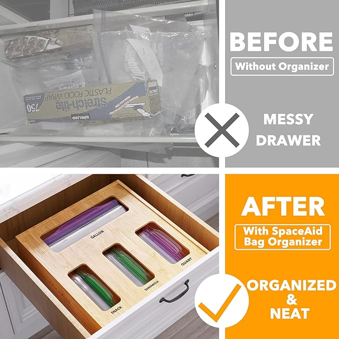 SpaceAid Bag Storage Organizer for Kitchen Drawer, Bamboo Organizer, Compatible with Gallon, Quart, Sandwich and Snack Variety Size Bag (1 Box 4 Slots, Natural, 2" High)