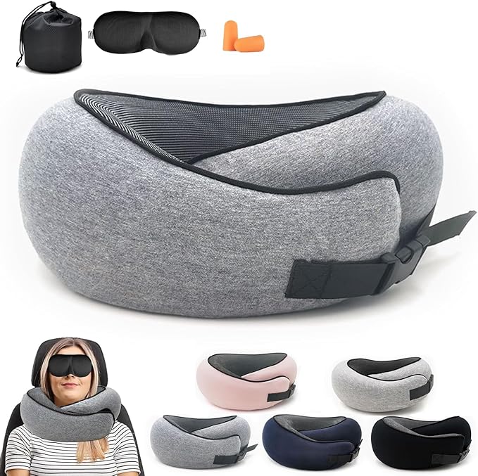 2024 Memory Foam Neck Pillow 360 Degree Neck Support Travel Pillows for Airplanes and Long Flight Travel Neck Pillow (Dark Grey-with Strap)