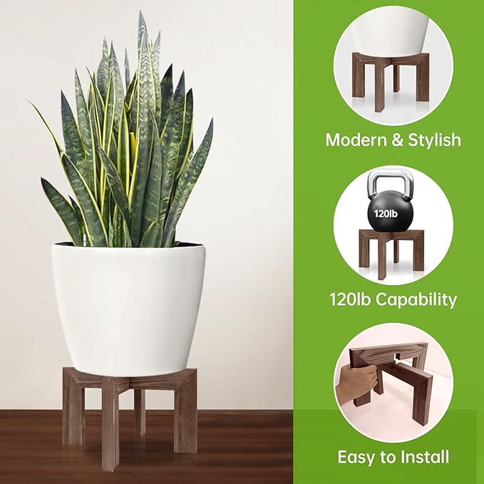 Modern Wood Plant Stand Indoor/Outdoor, Planter Stand Holder Rattan Flower Pot Stand (1 Pack- Wood Grain)