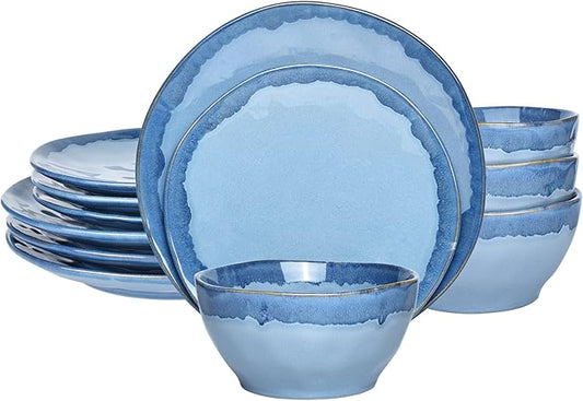 Bosmarlin Stoneware Dinnerware Set, Ceramic Bowls and Plates Set, Service for 4, 12 Piece, Microwave and Dishwasher Safe, Reactive Glaze (Light blue)