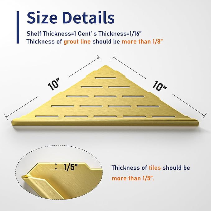 Corner Shower Shelf, 304 Stainless Steel Bathroom Shelf for Tiled Wall, Grout in Shelves (Gold, 10"-2 Pack)