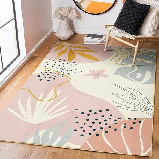 RoomTalks Cute Pink Nuresry Rug Washable, Boho Modern Contemporary Aesthetic 4x6 Area Rugs for Bedroom Dining Living Room Dorm, Abstract Art Tropical Leaves Thin Indoor Entryway Rug Carpet