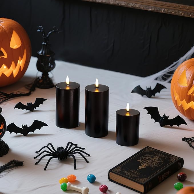 Homemory Halloween Black Flameless Candles Battery Operated with Remote Timer, Real Wax LED Pillar Candle for Halloween Decoration Indoor and Home Decor Gifts, H456, Set of 3