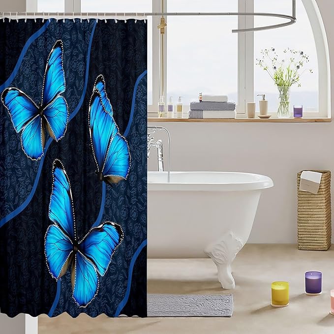Feelyou Butterfly Shower Curtain 72"x72" Kids Butterflies Botanical Floral Print Bathroom Shower Curtain Set for Boys Girls Teens Geometric Stripes Bath Curtain Blue Bathroom Accessories