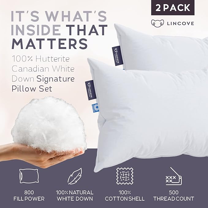 Lincove Signature 100% Natural Canadian White Down Luxury Sleeping Pillow - 800 Fill Power, 500 Thread Count Cotton Shell, Made in Canada, King - Medium, 2 Pack
