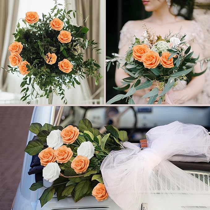 200PCS Orange Artificial Flowers Roses Real Looking Foam Fake Roses with Leaves for DIY Wedding Bouquets Bridal Shower Party Decorations (Orange, 200)