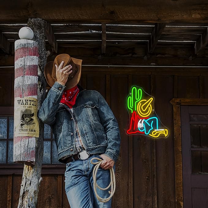 Cowboy Cactus Neon Sign Cowboy Hat Neon Signs for Wall Decor Western Wall Art USB Light Up Sign Dimmable LED Sign For Man Cave,Bar,Party,Bedroom,Home Wall,Gifts for Teens Kids Women Men