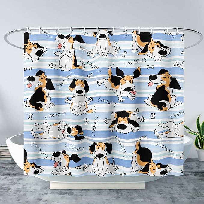 AILONEN Cartoon Dog Shower Curtain,Funny Beagle Active Dog Printed Shower Curtain, 60" W*72" H Waterproof Happy Cartoon Pet Dog Curtain with Grommets and 12 Hooks