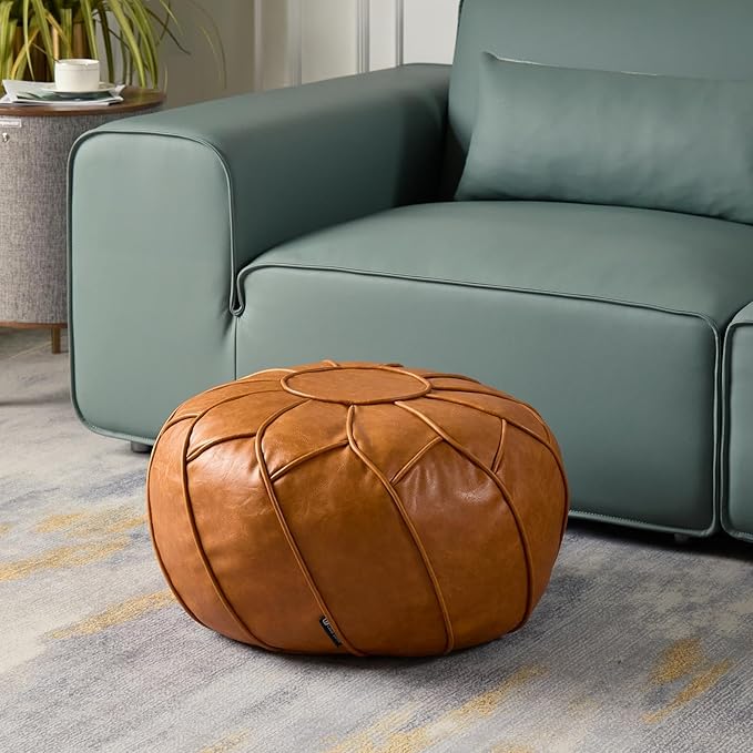Louis Donné Unstuffed Pouf Cover, Round Foot Stool Ottoman for Foot Rest, Storage Bean Bag Floor Chair, Waterproof Faux Leather Pouffe, Footstool for Living Room, Kids Room or Bedroom (Yellowish)