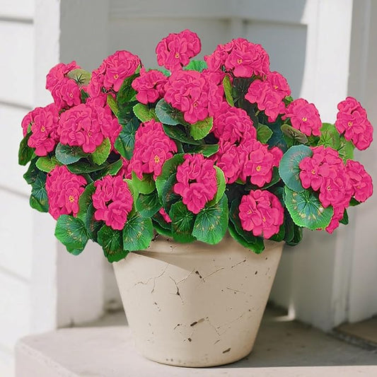 Fake Outdoor Flowers, 4 Pcs Artificial Flowers For Outdoors, Rose Red Artificial Geraniums Plastic Flowers, Fake Plant For Outside, Silk Faux Flowers For Outdoor Planters UV Resistant For Front Porch
