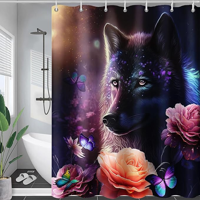 AILONEN Wolf Shower Curtain,Butterfly Flower Wolf Bath Curtain for Kids Boys Girls,Polyester Waterproof for Bathroom with 12 Plastic Hooks 72" W*84" H