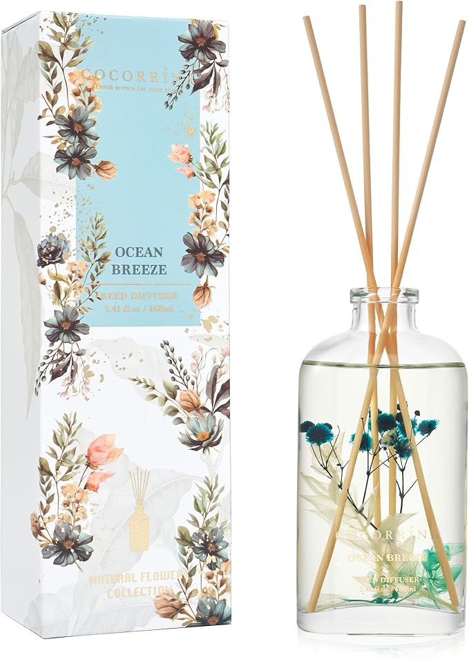 COCORRÍNA Reed Diffuser - Ocean Breeze 5.41 oz Flower Reed Diffuser Set with Sticks, Bedroom Bathroom Shelf Decor (Scented Blooms Collection)