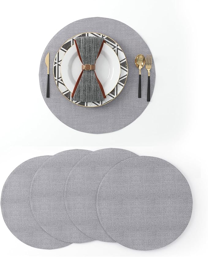 Set of 4 Round Placemat 15 Inch Soft Linen eco-Friendly Fabric Handcrafted Machine Washable Indoor & Outdoor Tablemat Grey