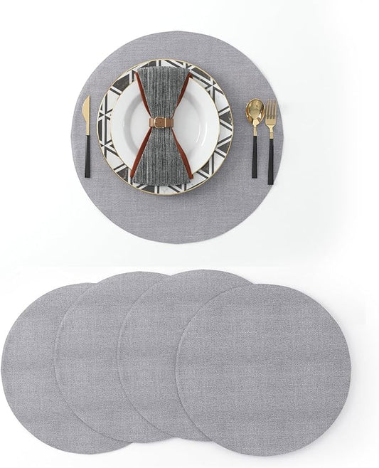 Set of 4 Round Placemat 15 Inch Soft Linen eco-Friendly Fabric Handcrafted Machine Washable Indoor & Outdoor Tablemat Grey