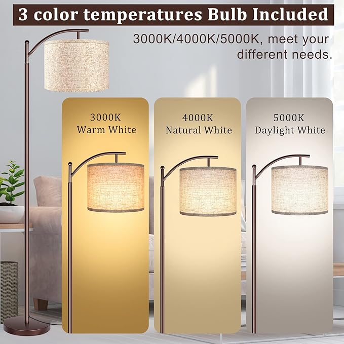 Rottogoon Floor Lamp for Living Room, LED Standing Lamp Tall Industrial Floor Lamp Reading for Bedroom, Office (9W LED Bulb, Beige Lampshade Included) -Oil-Rubbed Bronze
