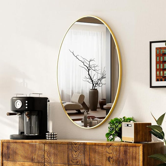 Gold Oval Bathroom Mirror, 24 x 32 inch Modern Oval Wall Mounted Vanity Mirror with Tempered Glass Hanging Horizontally or Vertically, Gold