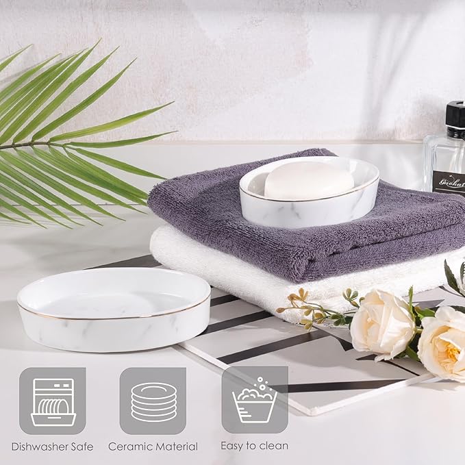Soap Dish, Ceramic White Marble Soap Holder Soap Bar Holder, Oval Soap Dish for Shower Bathroom Kitchen Sink, Easy Clean, ANTIS'S HOME