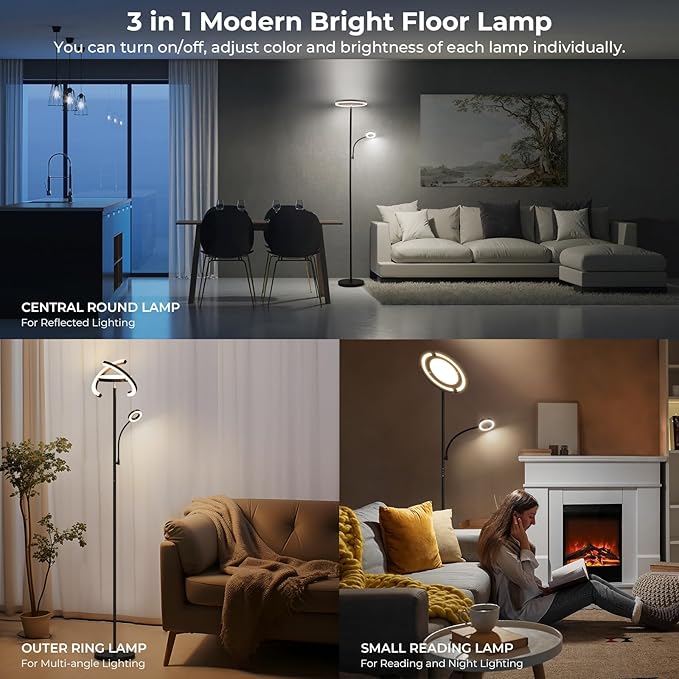 FIMEI 3 in 1 Floor Lamp, Modern Bright Standing Lamp with Split Rotatable Outer Ring Light and Small Reading Light, 4 Color Temperature and Dimmable, 3-Way Independent Control for Living Room Office