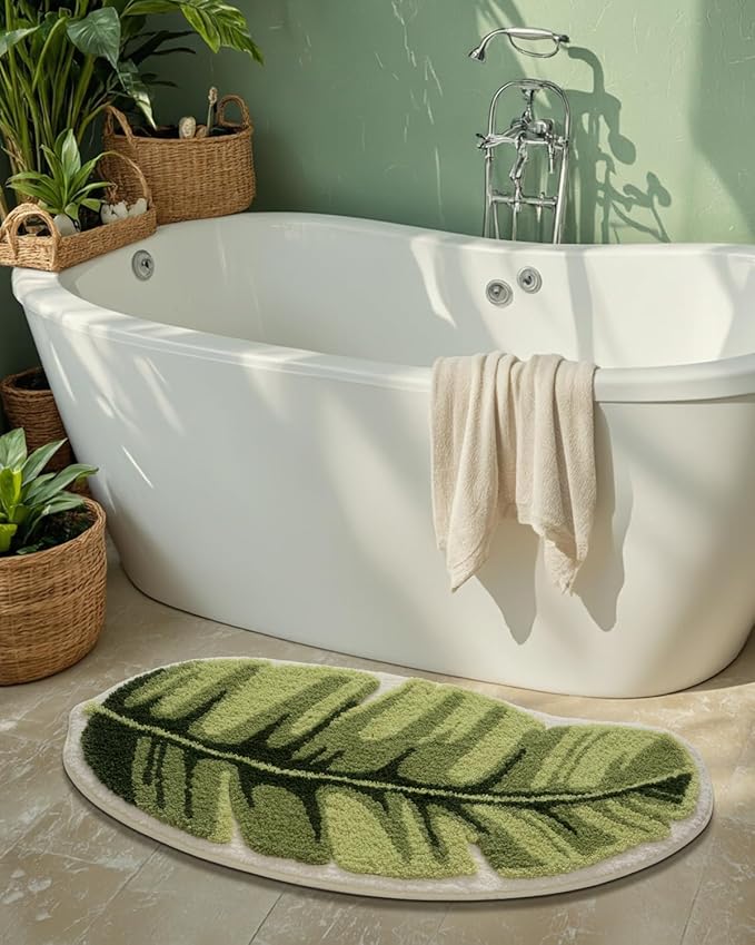 LUMI Cute Bathroom Rugs with Green Leaf Plant, Soft, Fluffy, Plush, Absorbent, Quick Dry, Non Slip, Machine Washable for Shower Floor, Bathroom, Bedroom,Kids Room, 19.5"x39.5", Palm Leaf