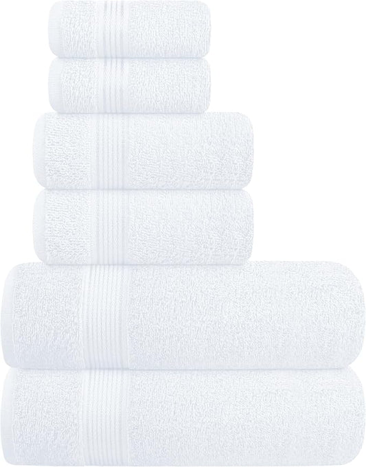Belizzi Home Ultra Soft 6 Pack Cotton Towel Set, Contains 2 Bath Towels 28x55 inch, 2 Hand Towels 16x24 inch & 2 Wash Coths 12x12 inch, Ideal Everyday use, Compact & Lightweight - White