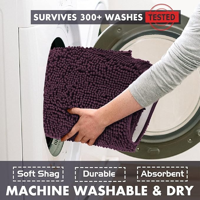 LuxUrux Bathroom Rugs Sets 2 Piece - Plush Bath Mat Set Quick-Dry Soft Chenille Bathroom Mat with Rubber Backing, Absorbant Bathroom Rug Set, Washable.(17 x 24, Plum)