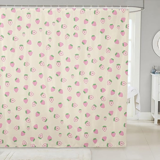 Feelyou Strawberry Fabric Shower Curtain Ivory White Shower Curtain for Kids Boys Girls Kawaii Fruit Bathroom Waterproof Accessories with 12 Hooks Cute Curtains,72x72 Inches