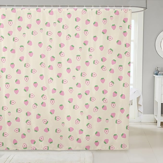 Feelyou Strawberry Fabric Shower Curtain Ivory White Shower Curtain for Kids Boys Girls Kawaii Fruit Bathroom Waterproof Accessories with 12 Hooks Cute Curtains,72x78 Inches