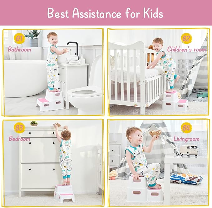 Pink Toddler Step Stool for Toilet, Two Step Stool for Kids Bathroom with Handle for Potty Training, Non-Slip Girls Small Heavy Duty Plastic Stool for Sink Bed Kitchen Counter (White-Pink)