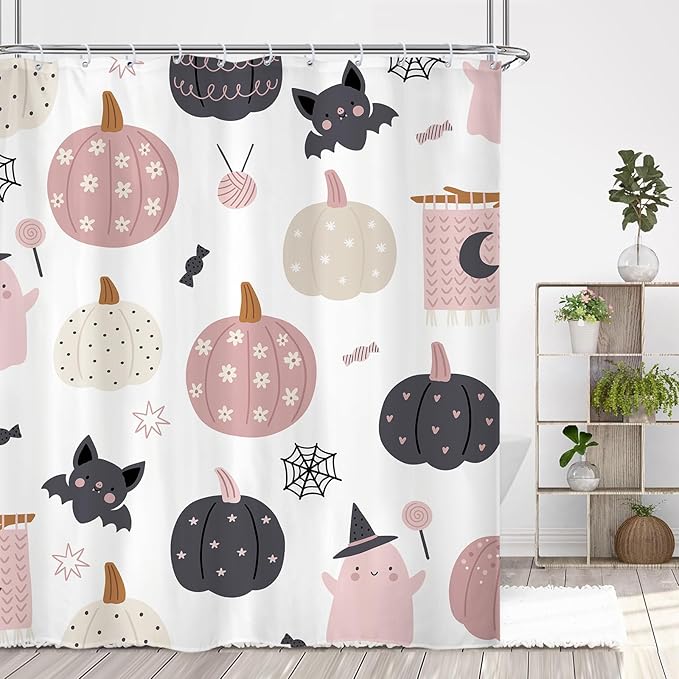 Girls Halloween Pumpkin Shower Curtain 60Wx72L Inch Cute Spooky Ghost Bat Cartoon Kids Holiday Bathroom Set Accessories Decor Polyester Waterproof with 12 Pack Hooks