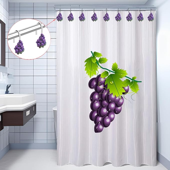 Shower Curtain Hooks, Grape Resin Hooks, Bathroom Shower Rod Decoration Set, 12 Pieces