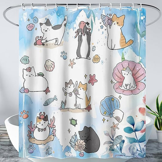 AILONEN Watercolor Cat Shower Curtain for Bathroom, Cute Cat Princess Shell Waterproof Bath Curtain,Cat Lover Minimalist White Curtain with 12 Plastic Hooks(72" W*96" H)