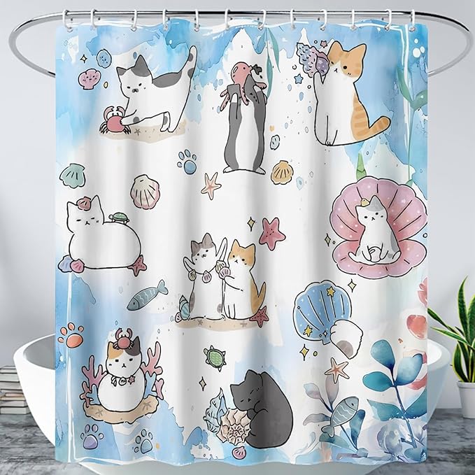 AILONEN Watercolor Cat Shower Curtain for Bathroom, Cute Cat Princess Shell Waterproof Bath Curtain,Cat Lover Minimalist White Curtain with 12 Plastic Hooks(60" W*72" H)
