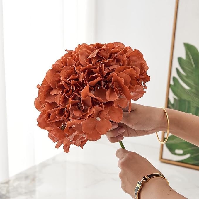 Rust Orange Artificial Hydrangea Flower Heads Hydrangea Silk Flowers with Stems for Wedding Centerpieces Bouquets DIY Floral Decor Home Decoration,Pack of 10pcs