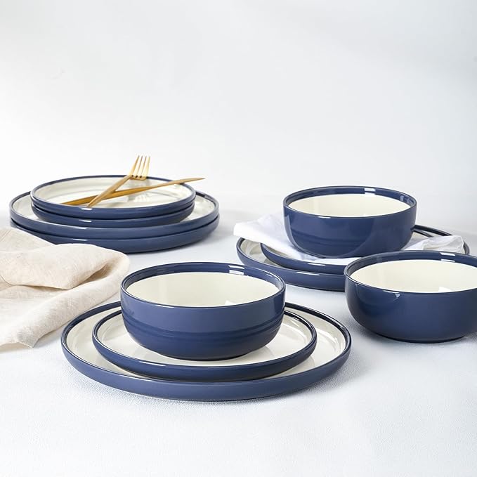 Famiware Lake MacDonnell Plates and Bowls Set for 4, 12 Pieces Dinnerware Sets, Handcrafted, Stoneware Dishes Set, Blue and Beige