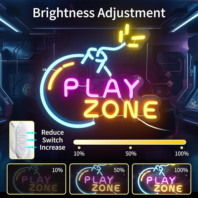 Play Zone Neon Sign for Wall Decor, Bomb Gamer Neon Light for Man Cave, LED Sign with Dimming Switch for boys Kids, Teen Gaming Room, Bedroom, Bar Decor, Party & Holiday Decorations, 5V Power Adapter