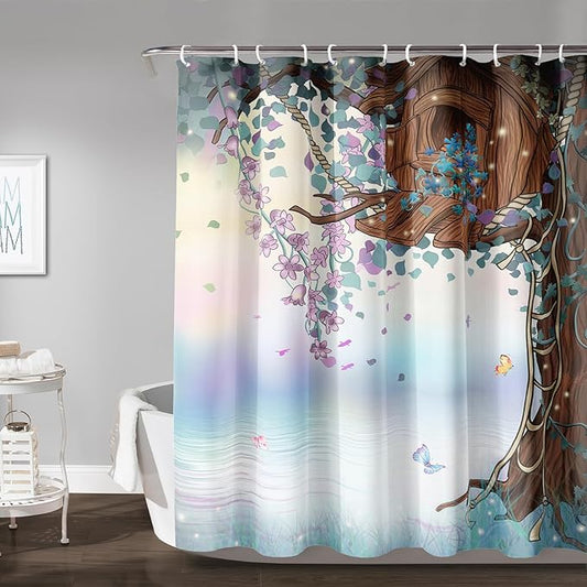 AILONEN Blue Tree Leaves Shower Curtain,Botanical Floral Plants Vine Shower Curtain,Butterfly Floral Shower Curtain for Bathroom Decor Polyester Waterproof with Grommets and Hooks 36" W*72" H