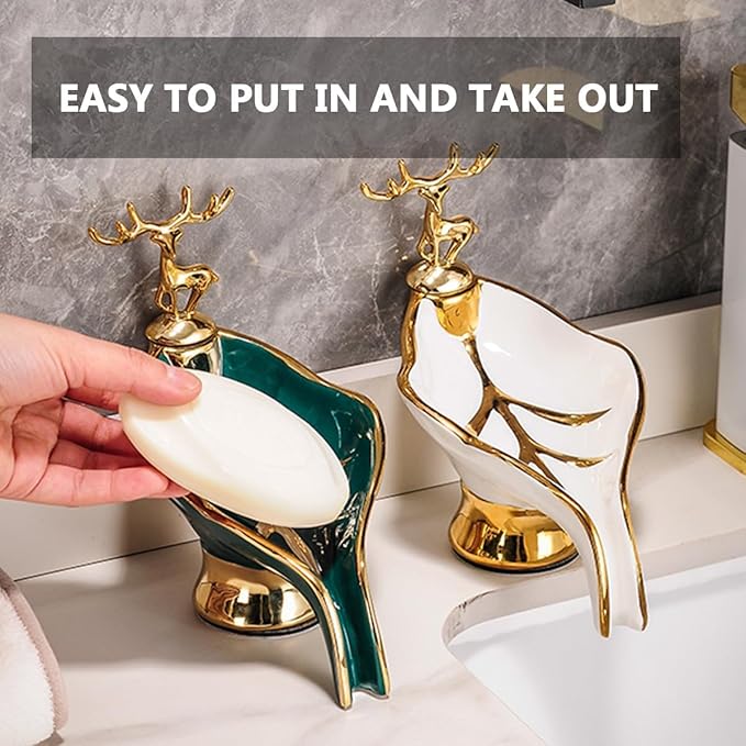 Leaf Shape Ceramic Soap Dish, Green+White, 9x6x5 IN, 0.66 lbs, Self-Draining, Bathroom, Kitchen, Sink, Countertop