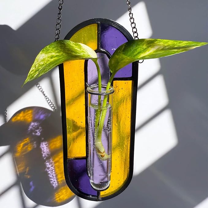 LITMIND Multi-Color Stained Glass Propagation Station - Handcrafted Translucent Suncatcher Planter with 2 Tubes, Hanging Hydroponic Décor for Windows & Garden