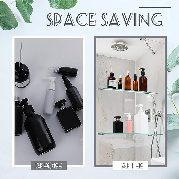 Tatuo 2 Pieces Bathroom Shelf Tempered Glass Shelf for Bathroom, 304 Stainless Steel Wall Mount Floating Glass Shelves (15.8 Inch)