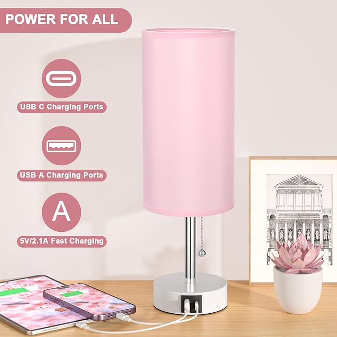 Hong-in Pink Bedside Lamp - 3 Color Modes, Small Lamp with USB-C and USB-A Charging Ports, Pull Chain, Nightstand Light for Bedroom, Office, Kids Room (Bulb Included)