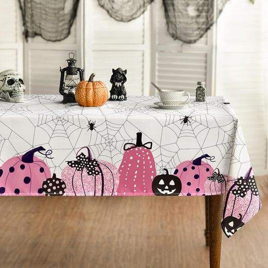 Horaldaily Halloween Tablecloth 60×104 Inch Rectangular, Jack-O-Lantern Pumpkin Cobweb Scary Themed Pink Washable Table Cover for Party Picnic Dinner Decor