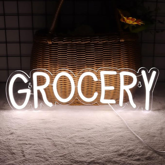 JFLLamp Grocery Neon Signs for Wall Decor Neon Lights for Bedroom Led Business Signs Suitable for Variety Store Groceries Christmas Birthday Party 5V Power Adapter, 16.2 * 4.9 Inch(White)