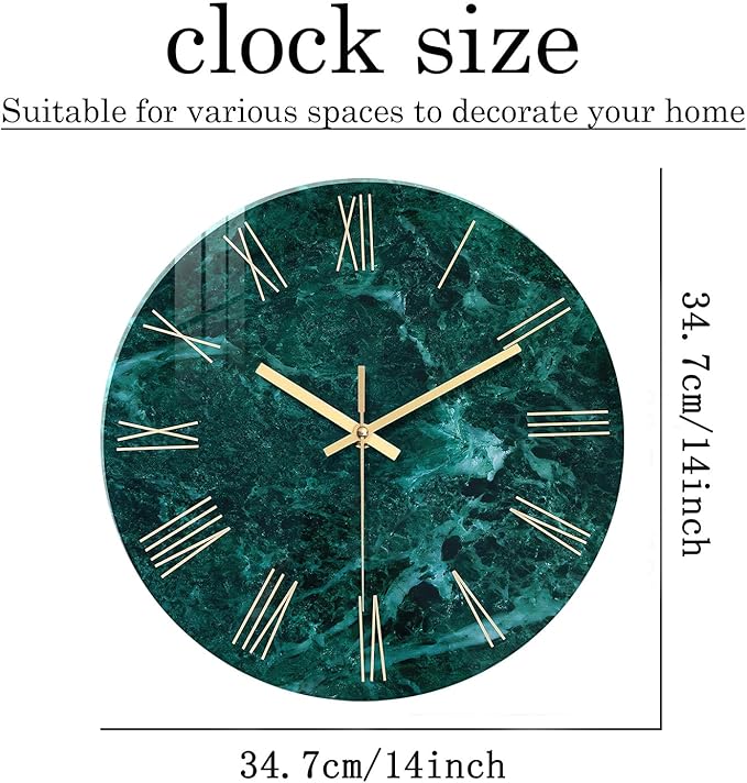 Teal Glass Wall Clock Battery Operated 20 Inch Large Wall Clocks for Living Room Decor Marble Minimalist Wall Clock Silent