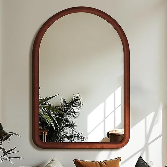 36"x24" Arched Bathroom Mirror, Wall Mounted Vanity Plush Flannel Frame Mirror for Bedroom, Entryway, Living Room, Dark Brown