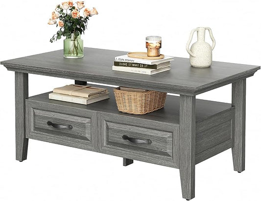 Marsail Farmhouse Coffee Table with Storage, 39.4" Wood Coffee Table for Living Room, Rustic Center Table with 2 Drawers, Open Display Area, Grey