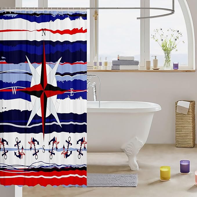 Feelyou Compass Shower Curtain Ocean Themed Fabric Shower Curtain for Kids Boys Girls Anchor Bathroom Waterproof Accessories with 12 Hooks Blue Red White Striped Curtains,72X78 Inches