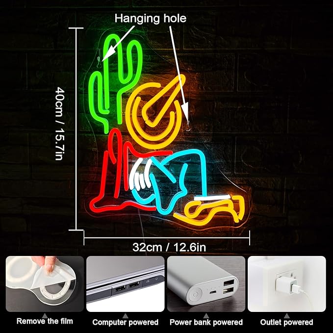 Cowboy Cactus Neon Sign Cowboy Hat Neon Signs for Wall Decor Western Wall Art USB Light Up Sign Dimmable LED Sign For Man Cave,Bar,Party,Bedroom,Home Wall,Gifts for Teens Kids Women Men