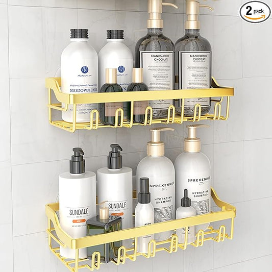 2 Pack Adhesive Shower Caddy, Rustproof Stainless Steel Shower Racks for Bathroom Organizers & Storage, Gold Wall Mounted Shower Shelves for Inside Shower Apartment Bathroom Essentials