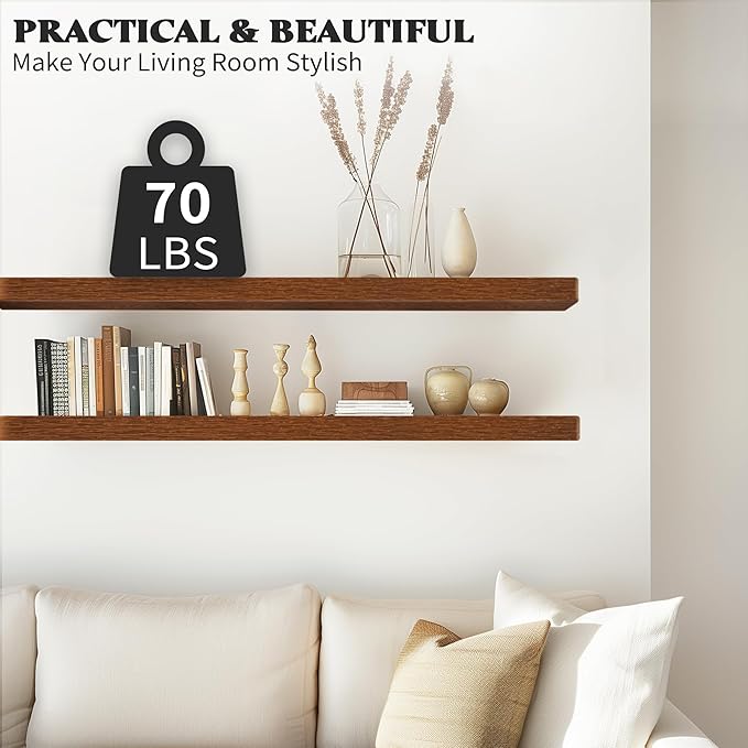 Floating Shelves for Wall,Wall Mounted Rustic Wood Shelves for Bathroom Living Room Bedroom and Kitchen,Long Hanging Shelf for Books/Storage Room/Decor (Rustic Brown,Set of 2,36 in)